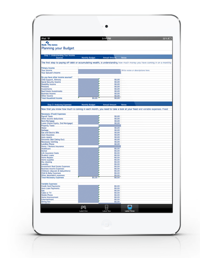 Screenshot of Bank of the James planning spreadsheet superimposed on a tablet